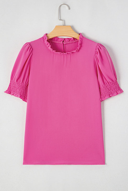 Smocked Bodice Short Puff Sleeve Square Neck Blouse