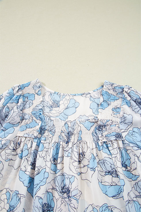Smocked Bodice Square Neck Long Sleeve Ruffle Blouse
