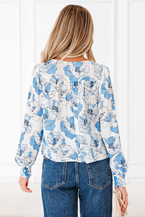 Smocked Bodice Square Neck Long Sleeve Ruffle Blouse