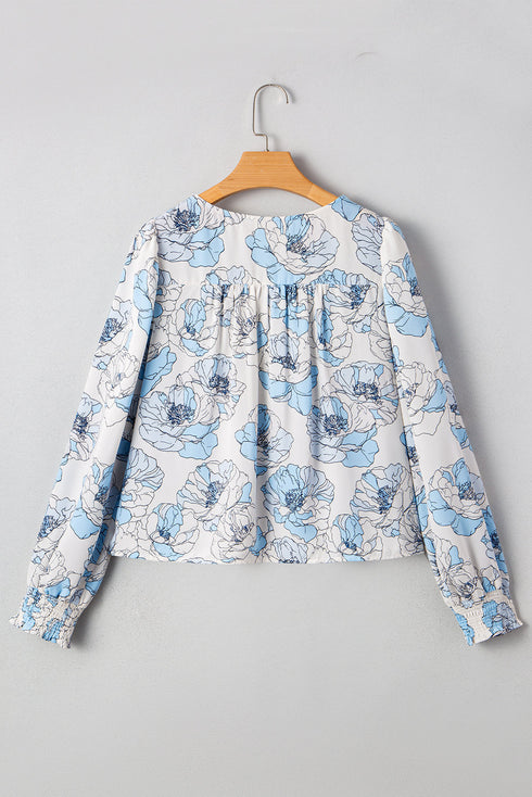 Smocked Bodice Square Neck Long Sleeve Ruffle Blouse