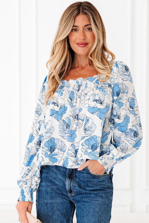 Smocked Bodice Square Neck Long Sleeve Ruffle Blouse