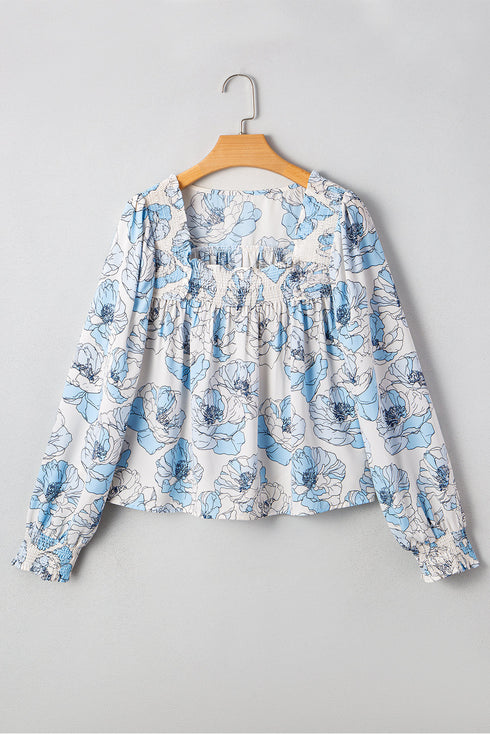 Smocked Bodice Square Neck Long Sleeve Ruffle Blouse