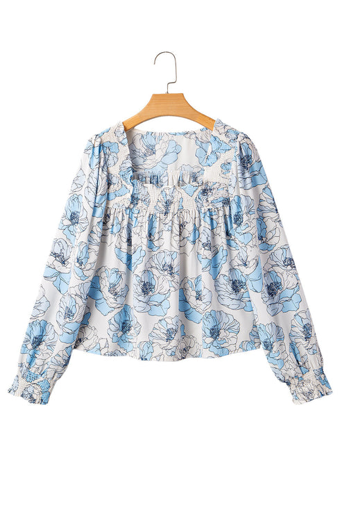 Smocked Bodice Square Neck Long Sleeve Ruffle Blouse