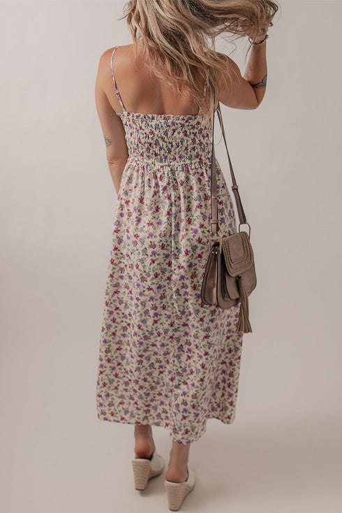Smocked Bohemian Ditsy Print Fit Flare Floral Dress