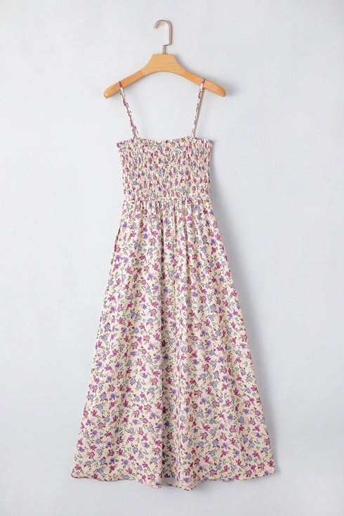 Smocked Bohemian Ditsy Print Fit Flare Floral Dress