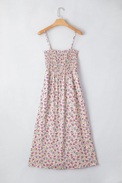 Smocked Bohemian Ditsy Print Fit Flare Floral Dress