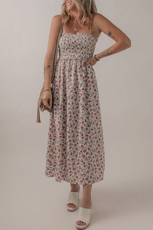 Smocked Bohemian Ditsy Print Fit Flare Floral Dress