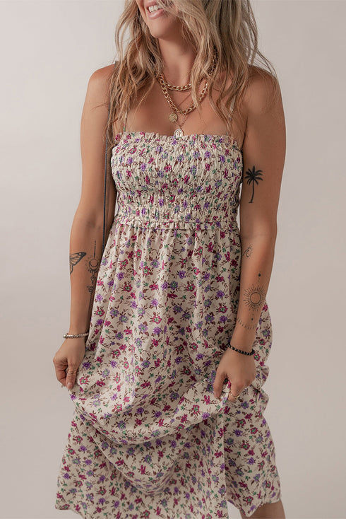 Smocked Bohemian Ditsy Print Fit Flare Floral Dress
