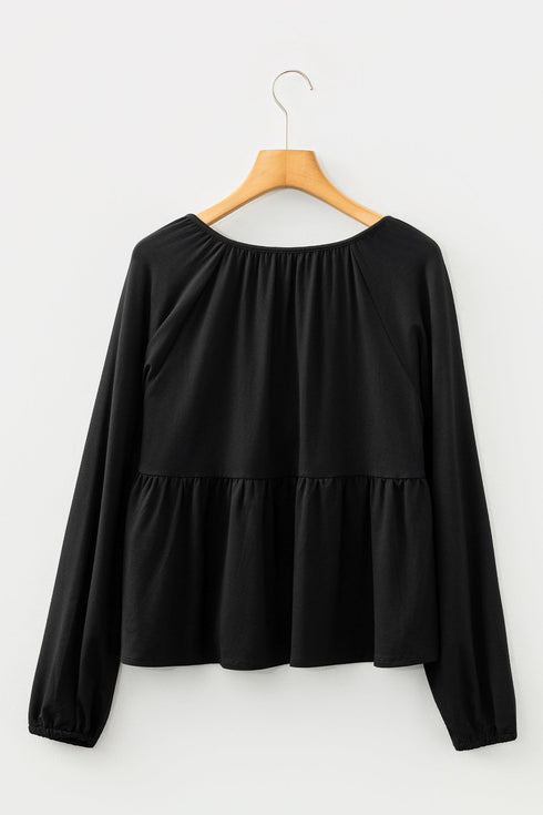 Smocked Bust Split Neck Button Detail Flowy Blouse