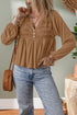 Smocked Bust Split Neck Button Detail Flowy Blouse