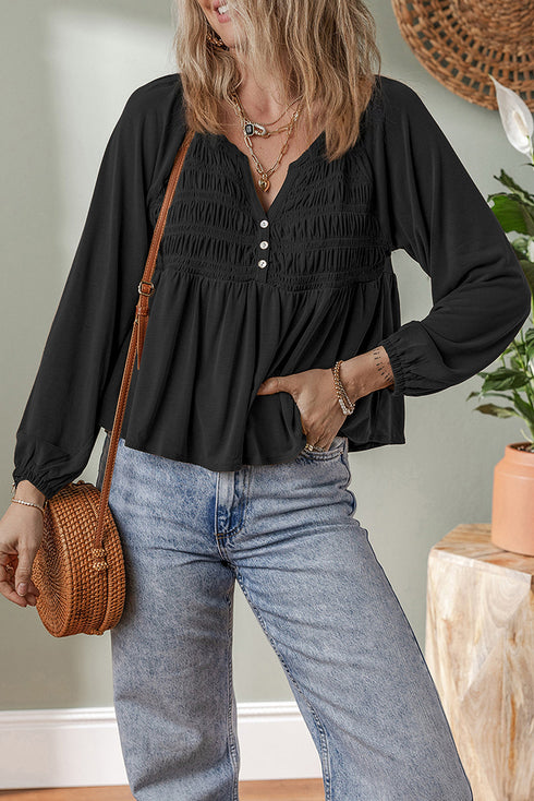 Smocked Bust Split Neck Button Detail Flowy Blouse