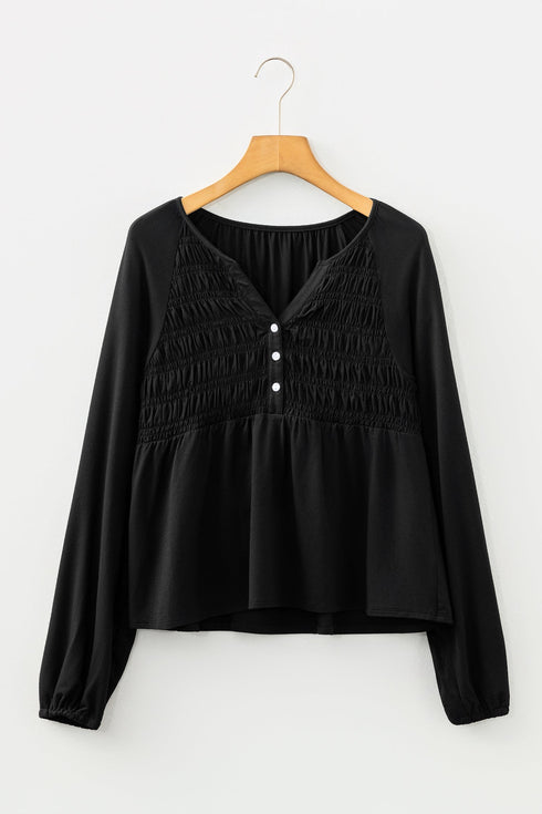 Smocked Bust Split Neck Button Detail Flowy Blouse