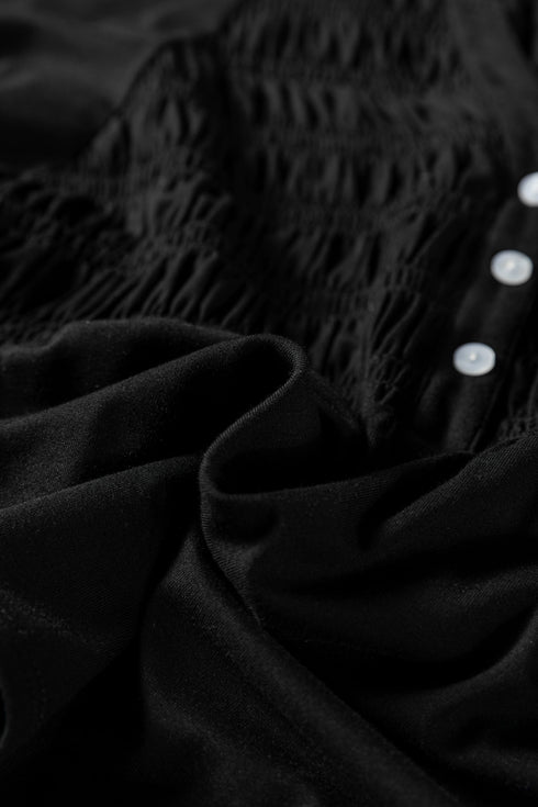 Smocked Bust Split Neck Button Detail Flowy Blouse