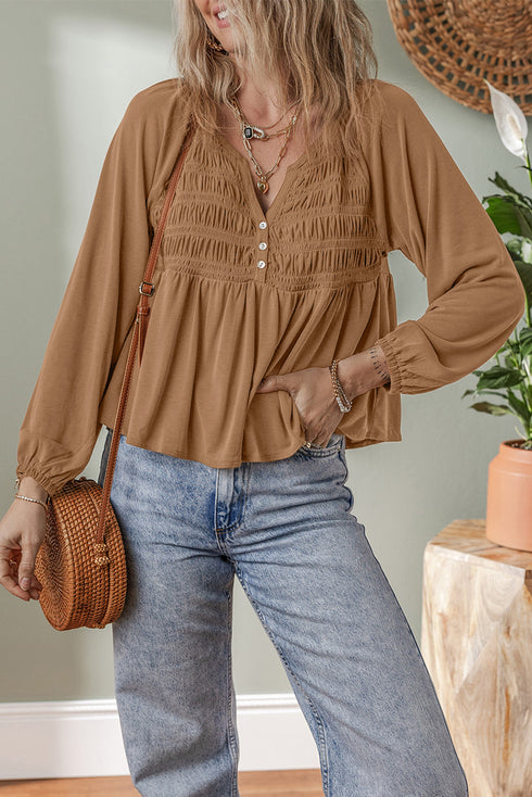 Smocked Bust Split Neck Button Detail Flowy Blouse