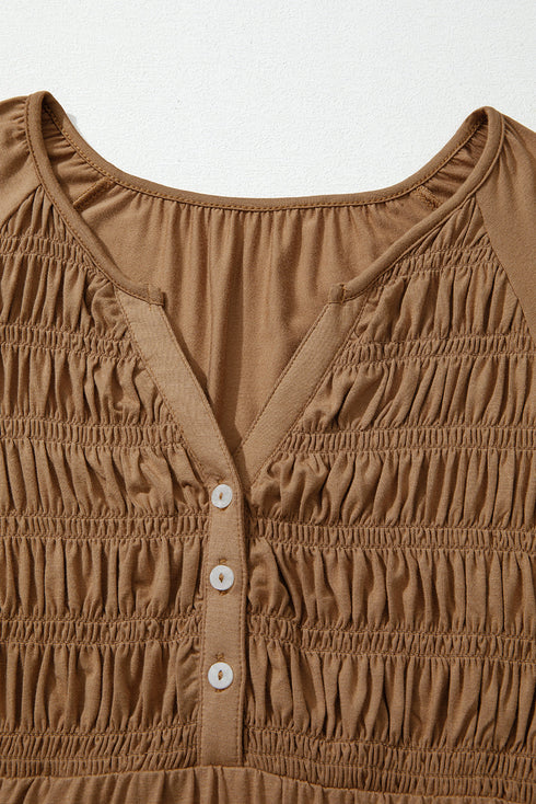 Smocked Bust Split Neck Button Detail Flowy Blouse