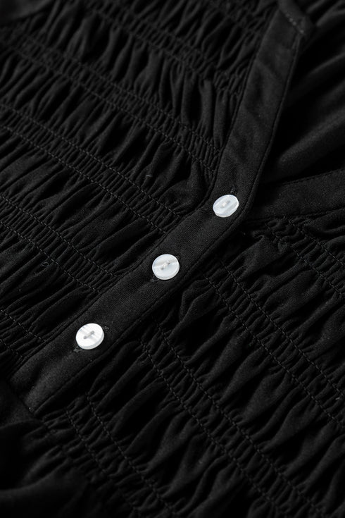 Smocked Bust Split Neck Button Detail Flowy Blouse