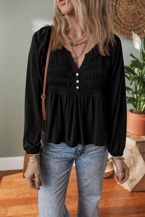 Smocked Bust Split Neck Button Detail Flowy Blouse