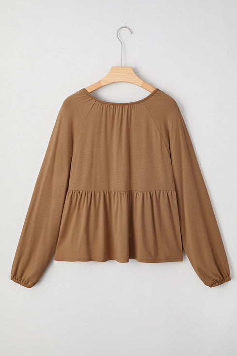 Smocked Bust Split Neck Button Detail Flowy Blouse