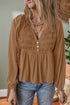 Smocked Bust Split Neck Button Detail Flowy Blouse
