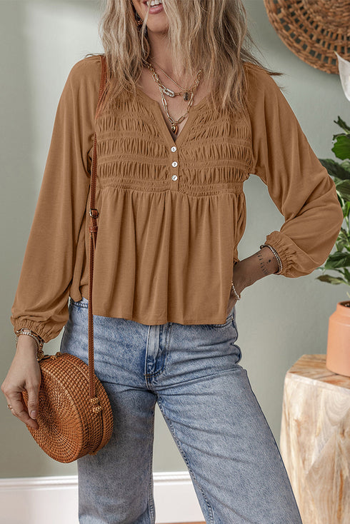 Smocked Bust Split Neck Button Detail Flowy Blouse