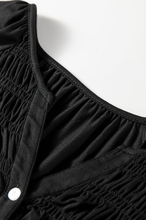 Smocked Bust Split Neck Button Detail Flowy Blouse