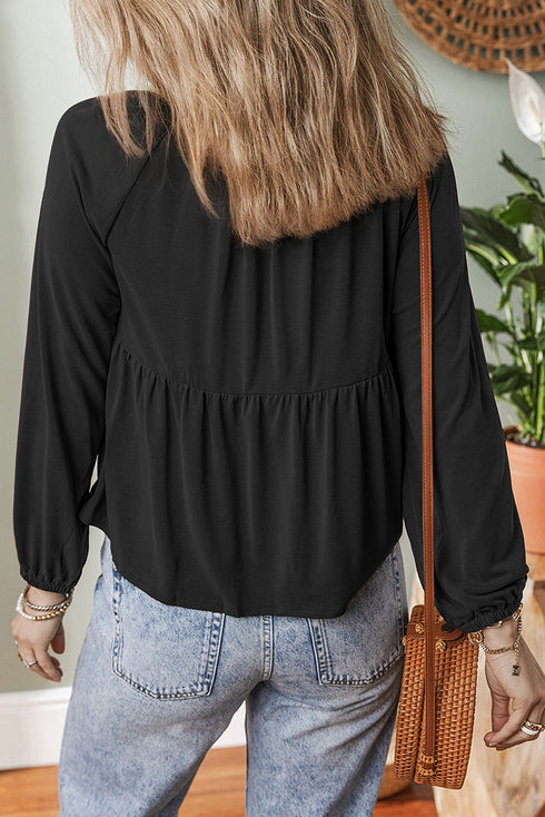 Smocked Bust Split Neck Button Detail Flowy Blouse
