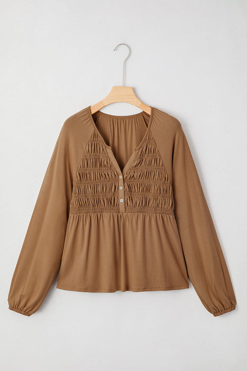 Smocked Bust Split Neck Button Detail Flowy Blouse
