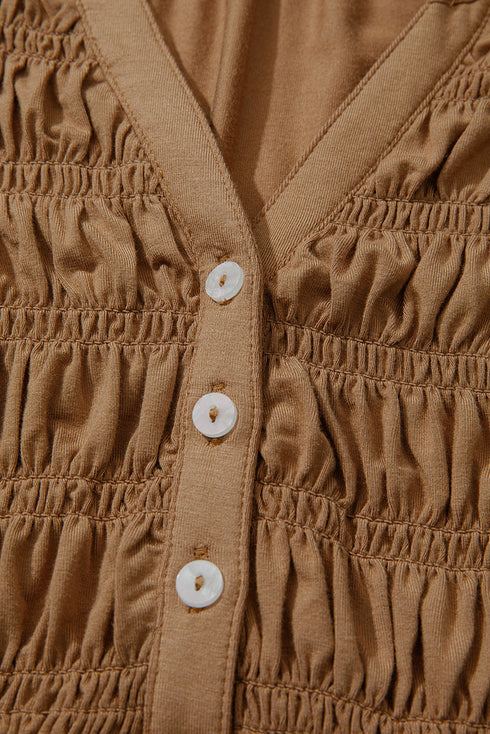 Smocked Bust Split Neck Button Detail Flowy Blouse