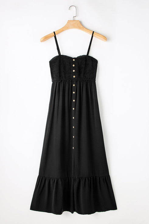 Smocked Button Front Woven Cotton Boho Tiered Dress