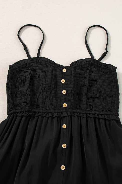 Smocked Button Front Woven Cotton Boho Tiered Dress