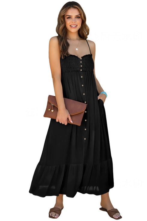 Smocked Button Front Woven Cotton Boho Tiered Dress