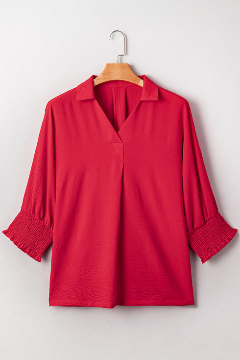 Smocked Cuff Dolman Split Neck Oversized Tunic Blouse