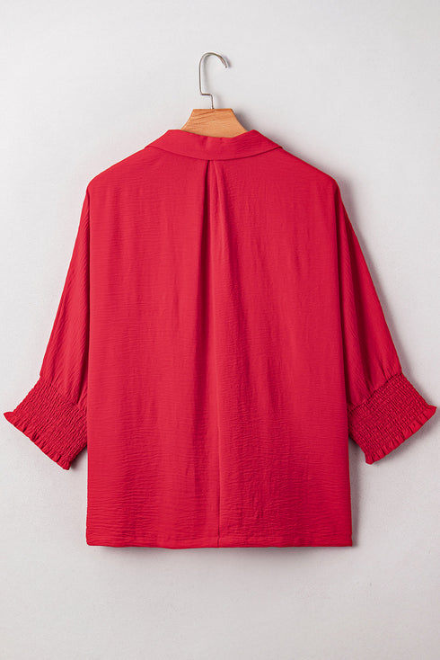 Smocked Cuff Dolman Split Neck Oversized Tunic Blouse