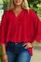 Smocked Cuff Dolman Split Neck Oversized Tunic Blouse