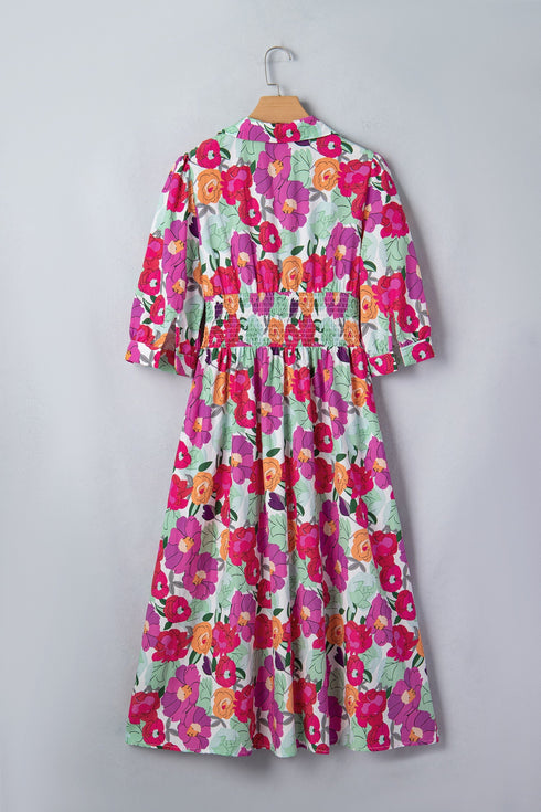 Smocked Floral Print Puffy Half Sleeve A Line Dress
