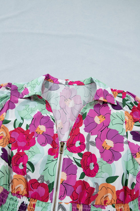 Smocked Floral Print Puffy Half Sleeve A Line Dress