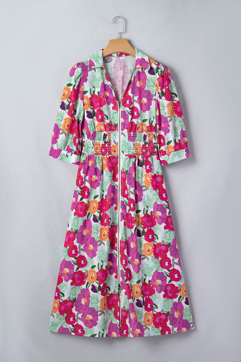 Smocked Floral Print Puffy Half Sleeve A Line Dress