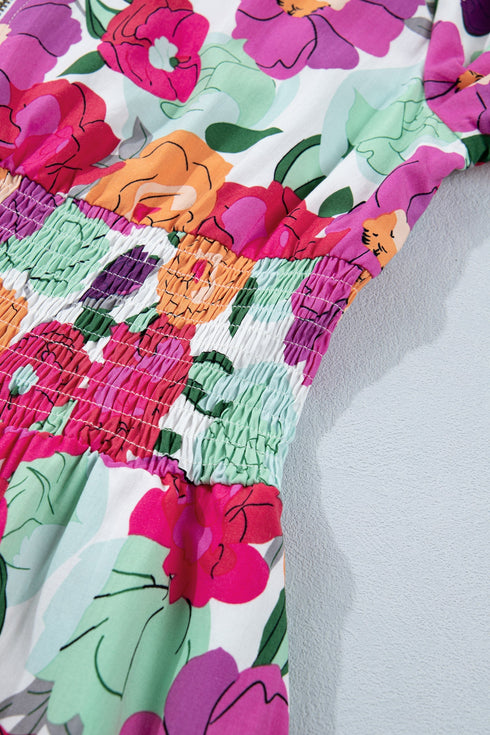 Smocked Floral Print Puffy Half Sleeve A Line Dress