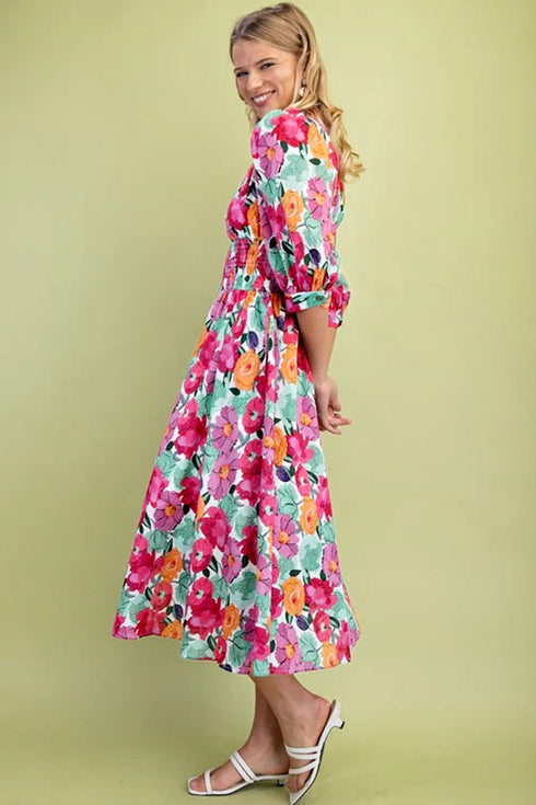 Smocked Floral Print Puffy Half Sleeve A Line Dress