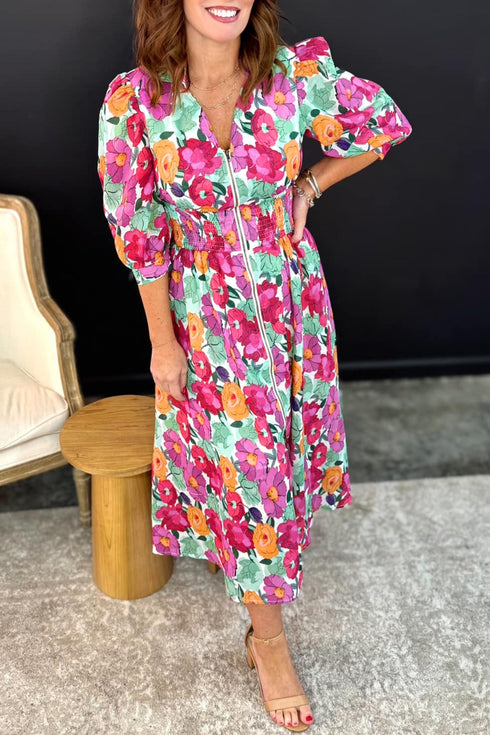 Smocked Floral Print Puffy Half Sleeve A Line Dress