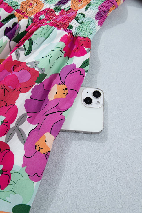 Smocked Floral Print Puffy Half Sleeve A Line Dress