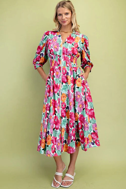 Smocked Floral Print Puffy Half Sleeve A Line Dress