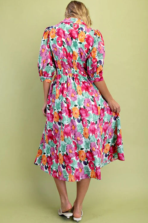 Smocked Floral Print Puffy Half Sleeve A Line Dress