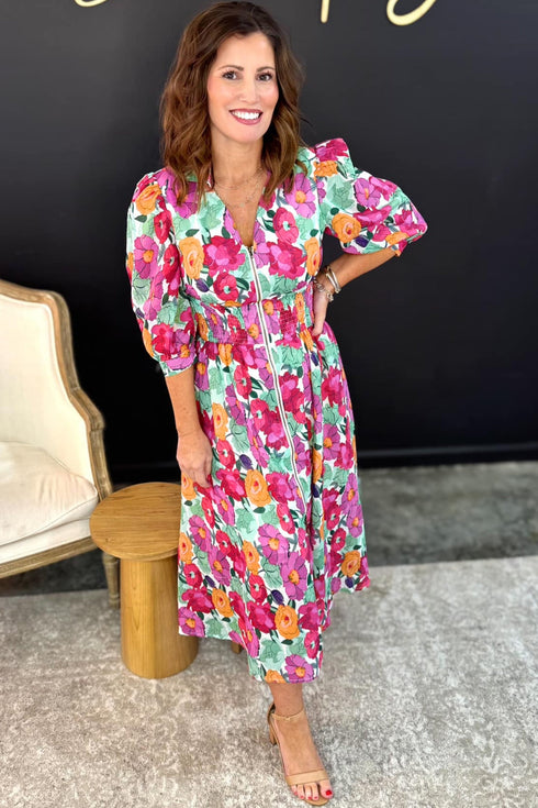 Smocked Floral Print Puffy Half Sleeve A Line Dress