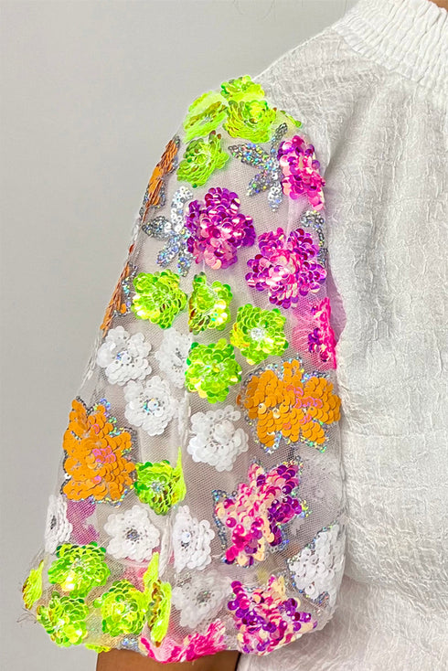 Smocked High Neck Sequin Flower Puff Sleeve Textured Blouse