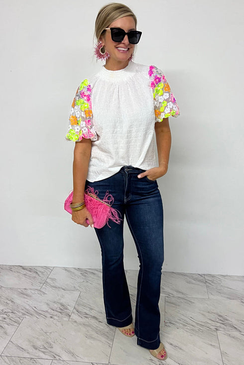 Smocked High Neck Sequin Flower Puff Sleeve Textured Blouse
