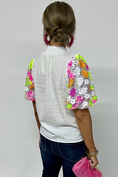 Smocked High Neck Sequin Flower Puff Sleeve Textured Blouse