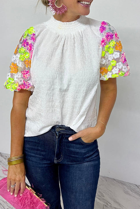 Smocked High Neck Sequin Flower Puff Sleeve Textured Blouse