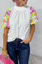 Smocked High Neck Sequin Flower Puff Sleeve Textured Blouse