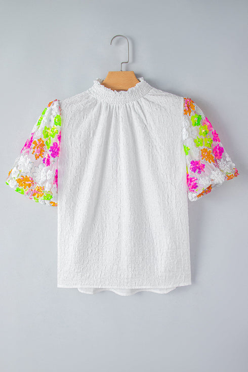 Smocked High Neck Sequin Flower Puff Sleeve Textured Blouse